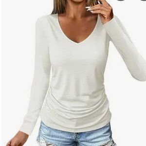 Colleen Lopez Layerings Long Sleeve V-Neck Top with Side Ruching. Creamy White.